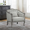 37 Inch Gray Oak Accent Chair, Smooth Gray Linen Upholstery, Button Tufted