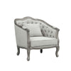 37 Inch Gray Oak Accent Chair, Smooth Gray Linen Upholstery, Button Tufted