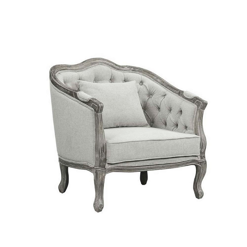 37 Inch Gray Oak Accent Chair, Smooth Gray Linen Upholstery, Button Tufted