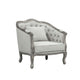 37 Inch Gray Oak Accent Chair, Smooth Gray Linen Upholstery, Button Tufted
