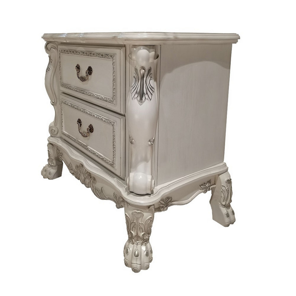 Aurora 32 Inch Classic Wood Nightstand, 2 Drawers, Subtle Carvings, White By Casagear Home