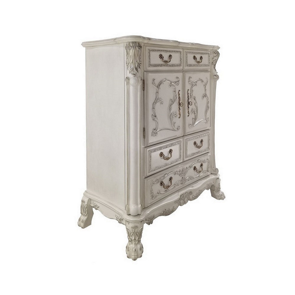 Aurora 55 Inch Carved Wood Chest, 5 Drawers, 2 Door Cabinet, Bone White By Casagear Home