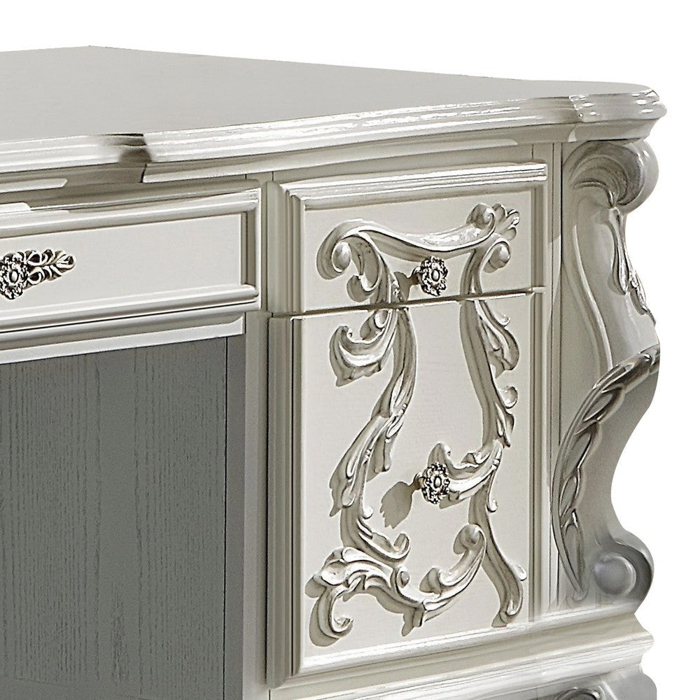 Aurora 75 Inch Classic Style Wood Office Desk Floral Carvings Bone White BM296836