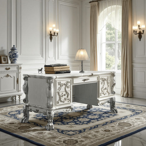 Aurora 75 Inch Classic Style Wood Office Desk, Floral Carvings, Bone White