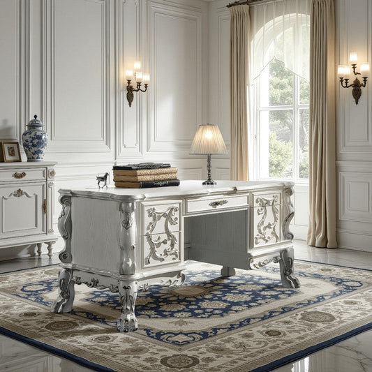 Aurora 75 Inch Classic Style Wood Office Desk, Floral Carvings, Bone White