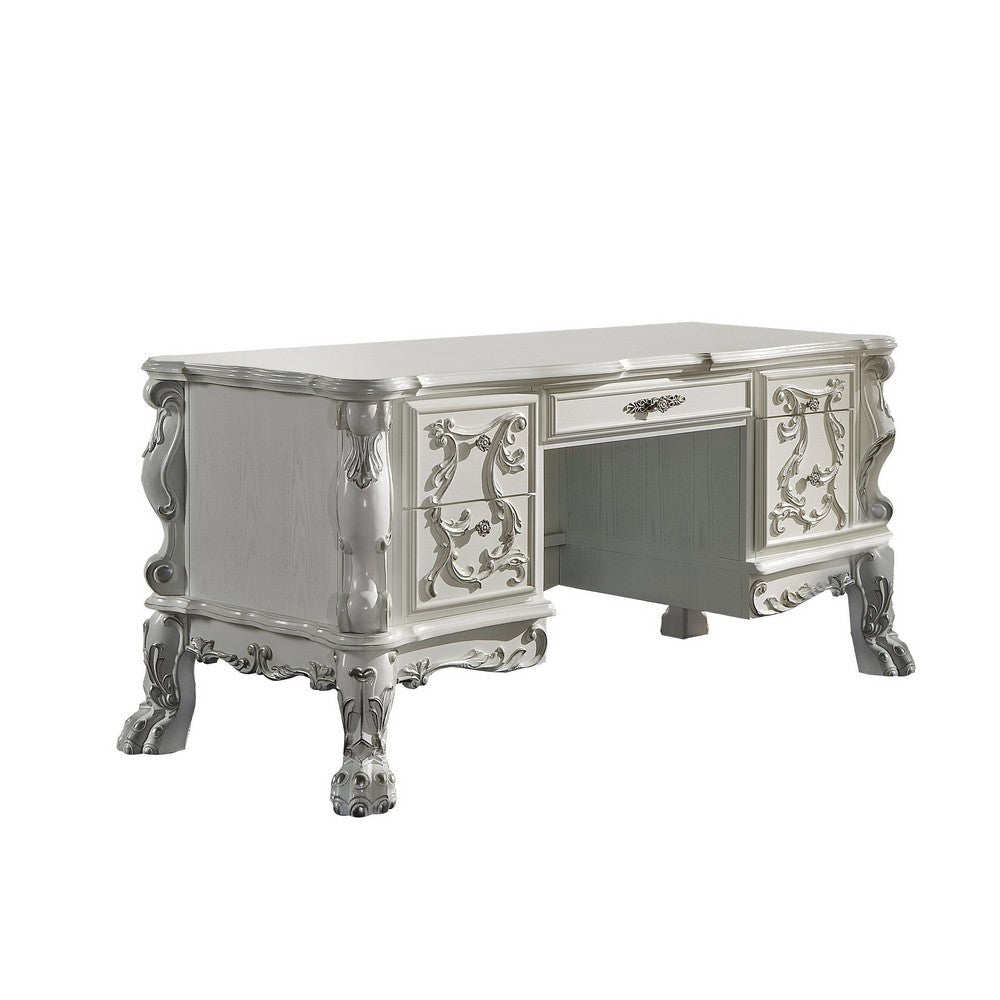 Aurora 75 Inch Classic Style Wood Office Desk, Floral Carvings, Bone White