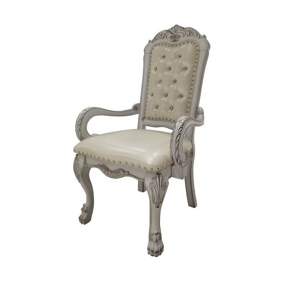 Aurora 26 Inch Tufted Dining Armchair, Set of 2, Faux Leather, Bone White
