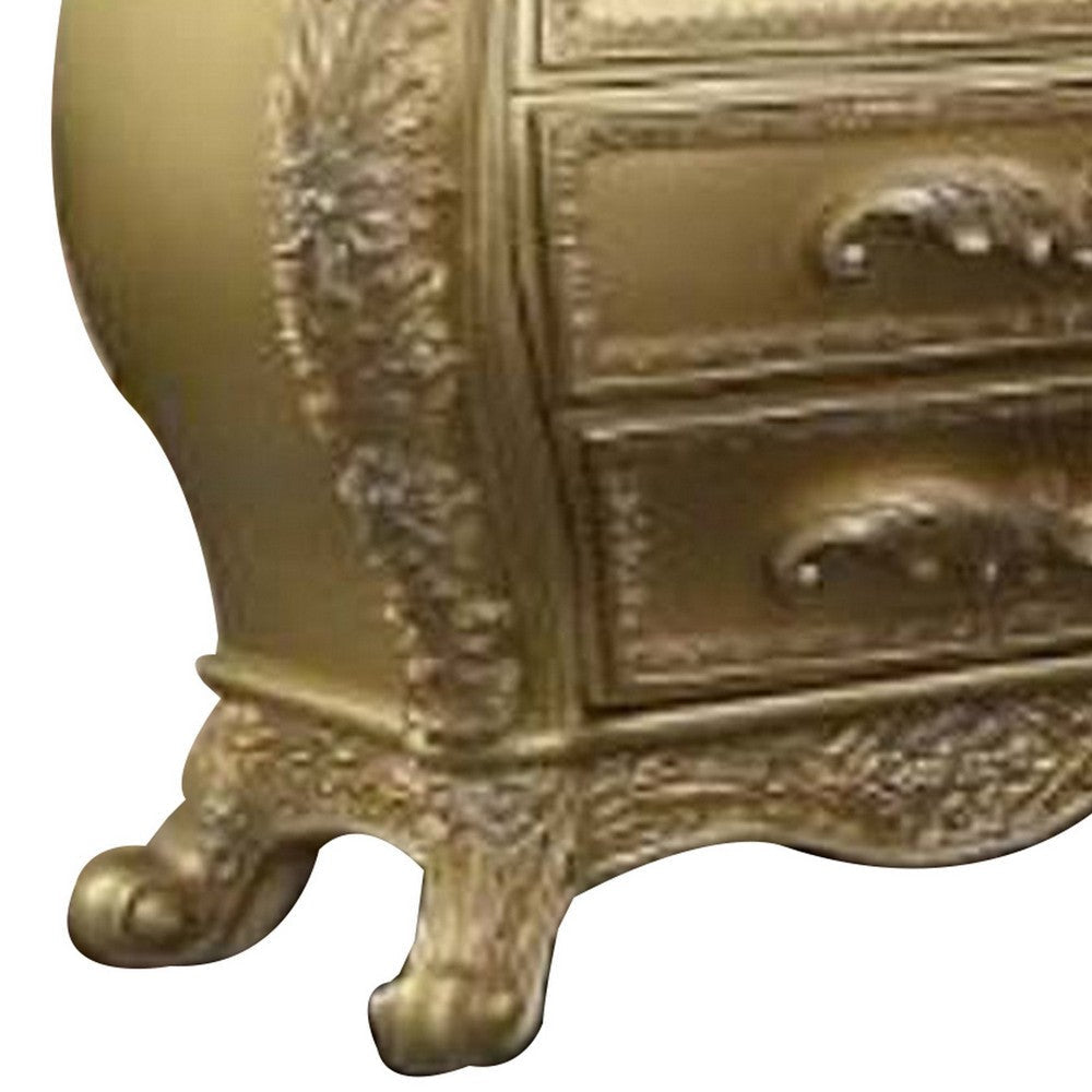 Vega 32 Inch Nightstand 3 Drawers Scrolled Elegant Gold Floral Motifs BM296857