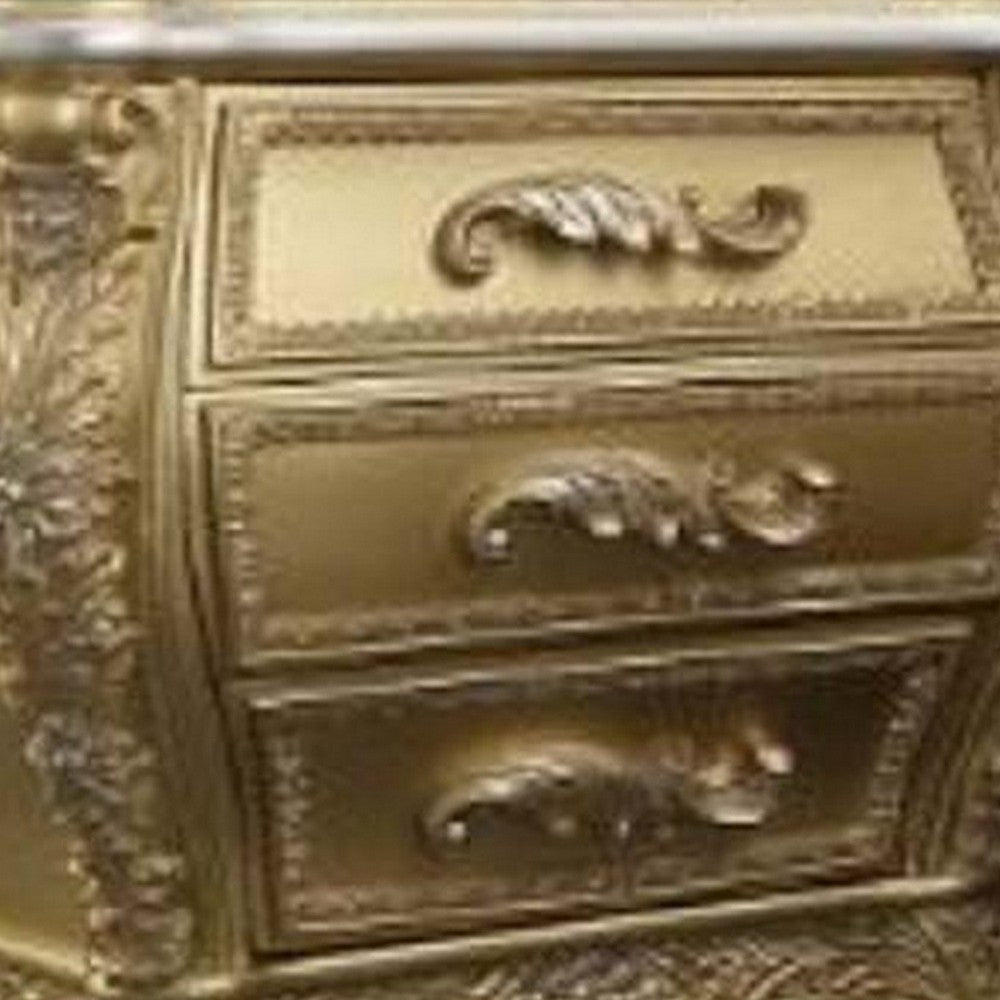 Vega 32 Inch Nightstand 3 Drawers Scrolled Elegant Gold Floral Motifs BM296857
