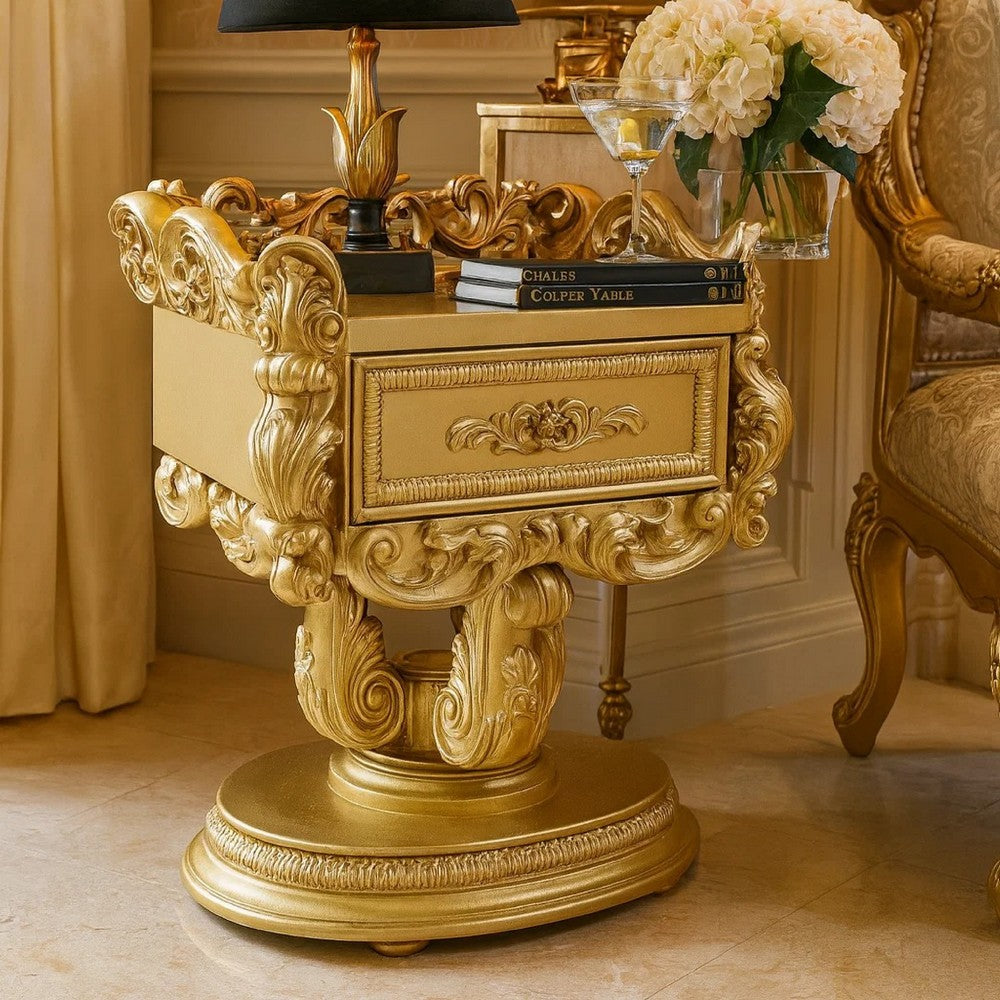 Altair 36 Inch Luxury Nightstand, 1 Drawer, Scrolled Motifs, Gold Finish