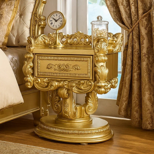 Altair 36 Inch Luxury Nightstand, 1 Drawer, Scrolled Motifs, Gold Finish