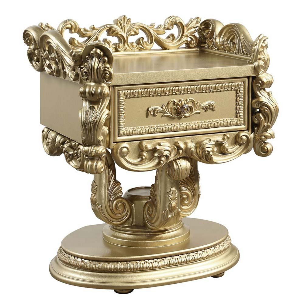 Altair 36 Inch Luxury Nightstand, 1 Drawer, Scrolled Motifs, Gold Finish