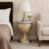 Deneb 30 Inch Luxury Round Nightstand, Gold Floral Motifs, Vintage Silver