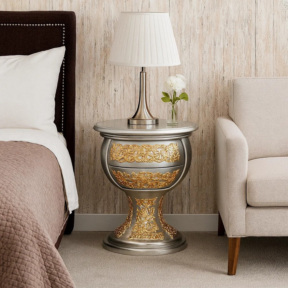 Deneb 30 Inch Luxury Round Nightstand, Gold Floral Motifs, Vintage Silver