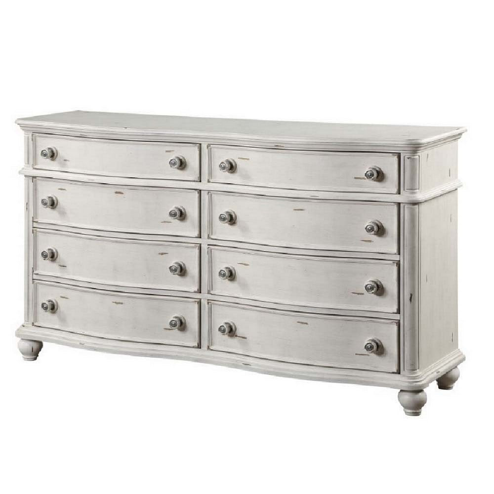 Spica 66 Inch Wood Dresser 8 Gliding Drawers Turned Legs Antique White BM296865