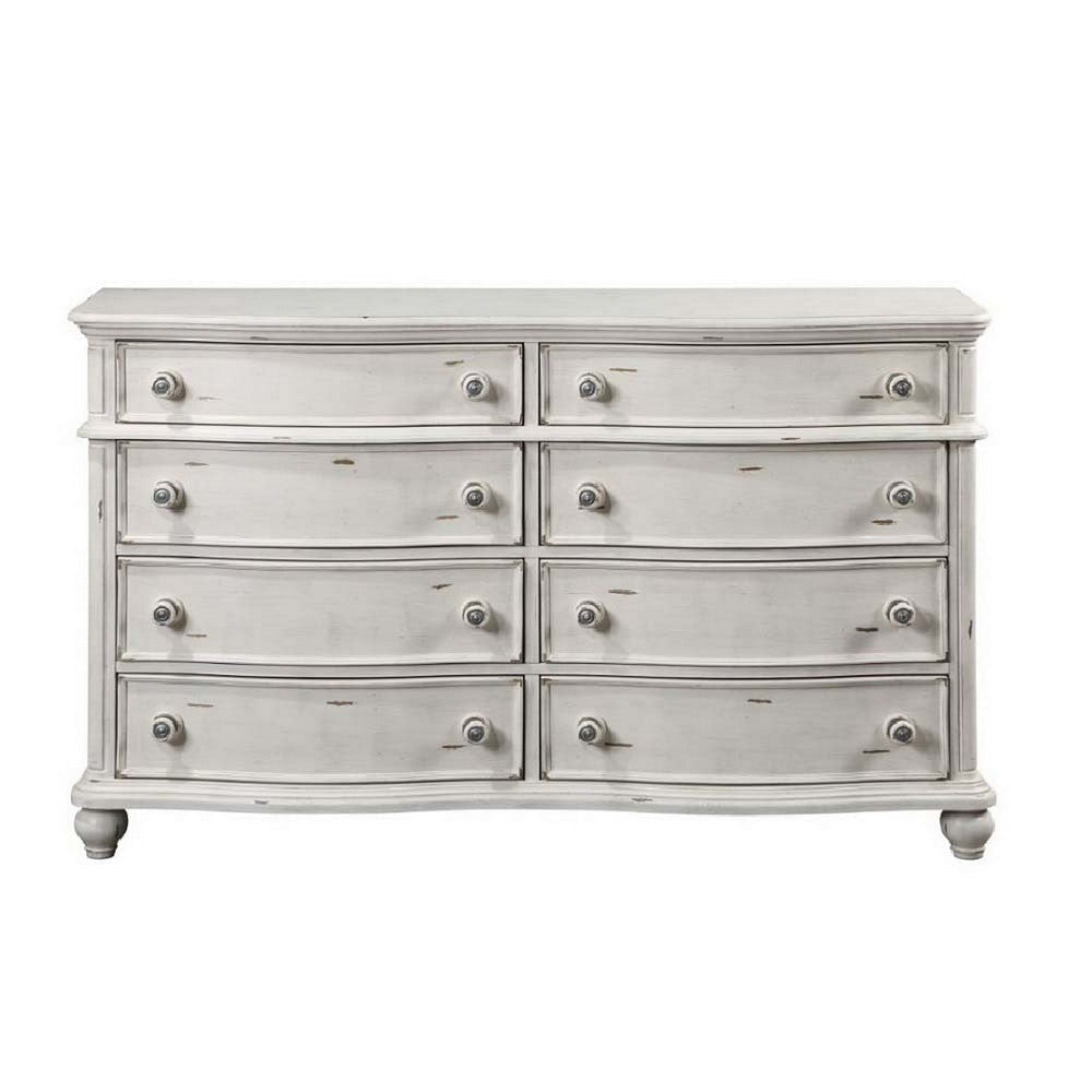 Spica 66 Inch Wood Dresser 8 Gliding Drawers Turned Legs Antique White BM296865