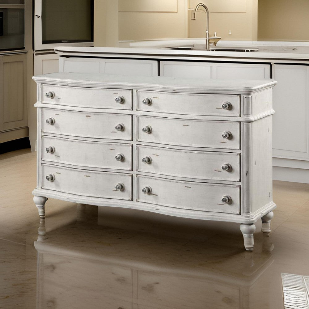 Spica 66 Inch Wood Dresser, 8 Gliding Drawers, Turned Legs, Antique White