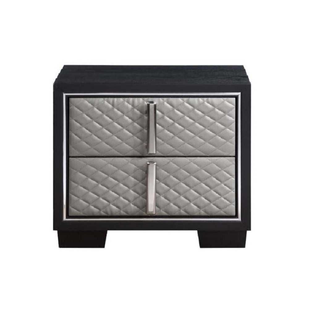 Fiz 28 Inch Modern Nightstand Quilted Faux Leather Front Silver Black BM296867