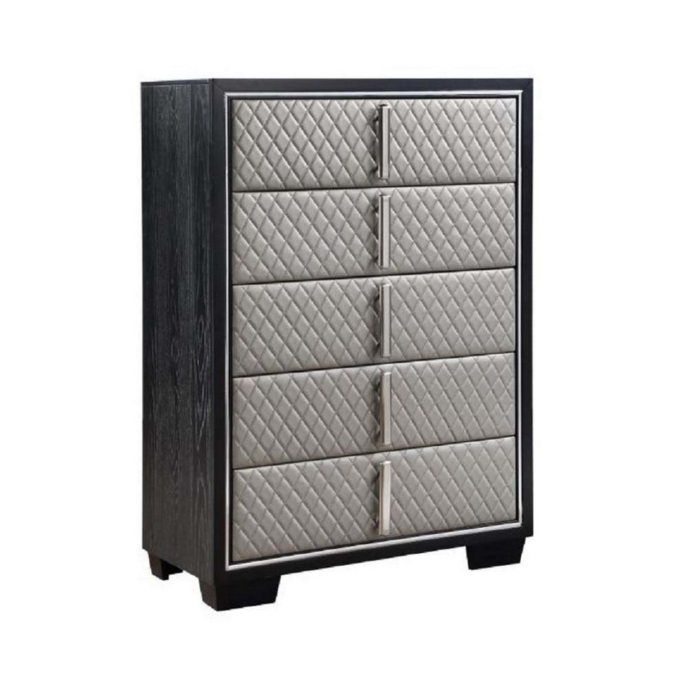 Fiz 54 Inch 5 Drawer Tall Dresser Chest Quilted Silver Faux Leather Black BM296869