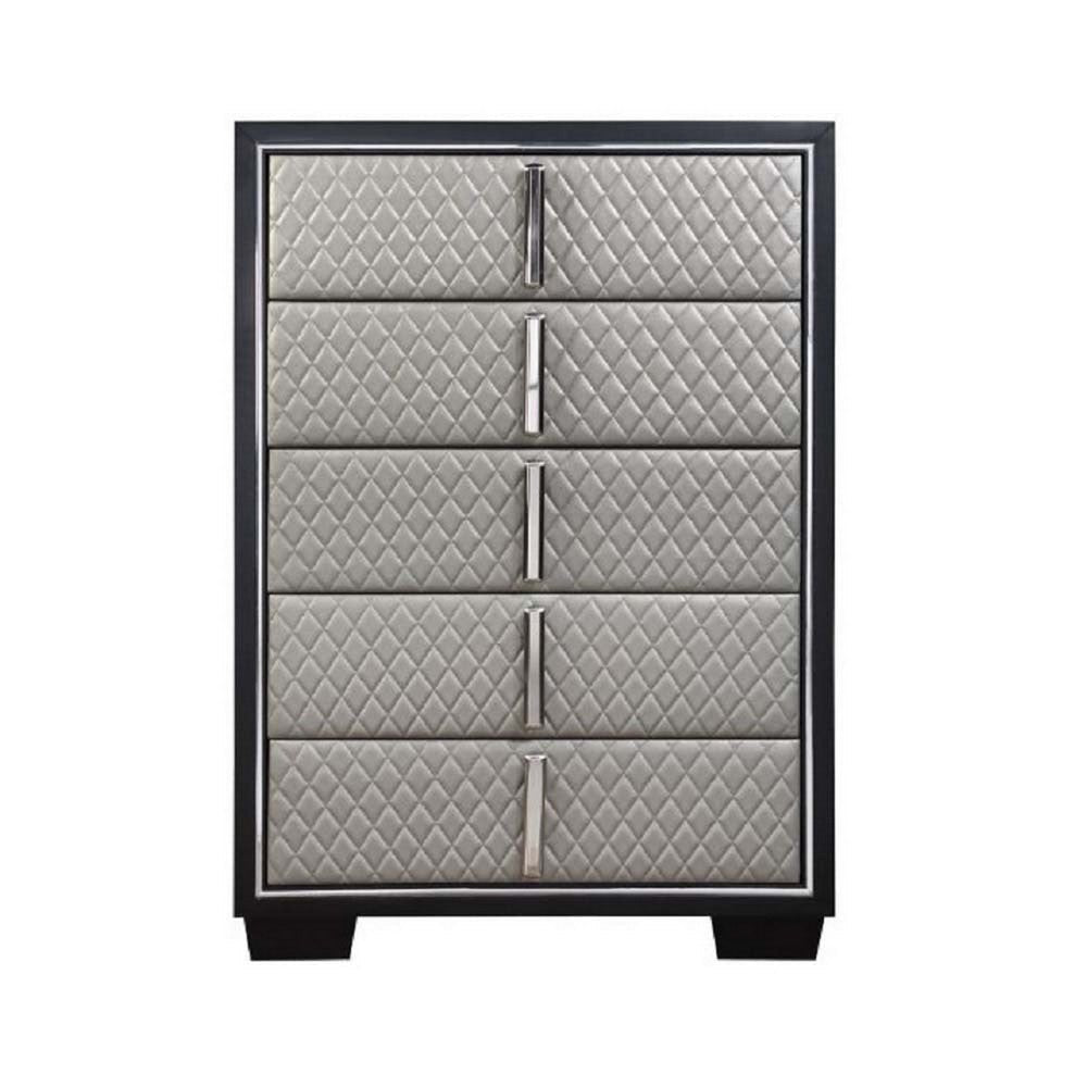 Fiz 54 Inch 5 Drawer Tall Dresser Chest Quilted Silver Faux Leather Black BM296869