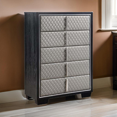 Fiz 54 Inch 5 Drawer Tall Dresser Chest, Quilted Silver Faux Leather, Black