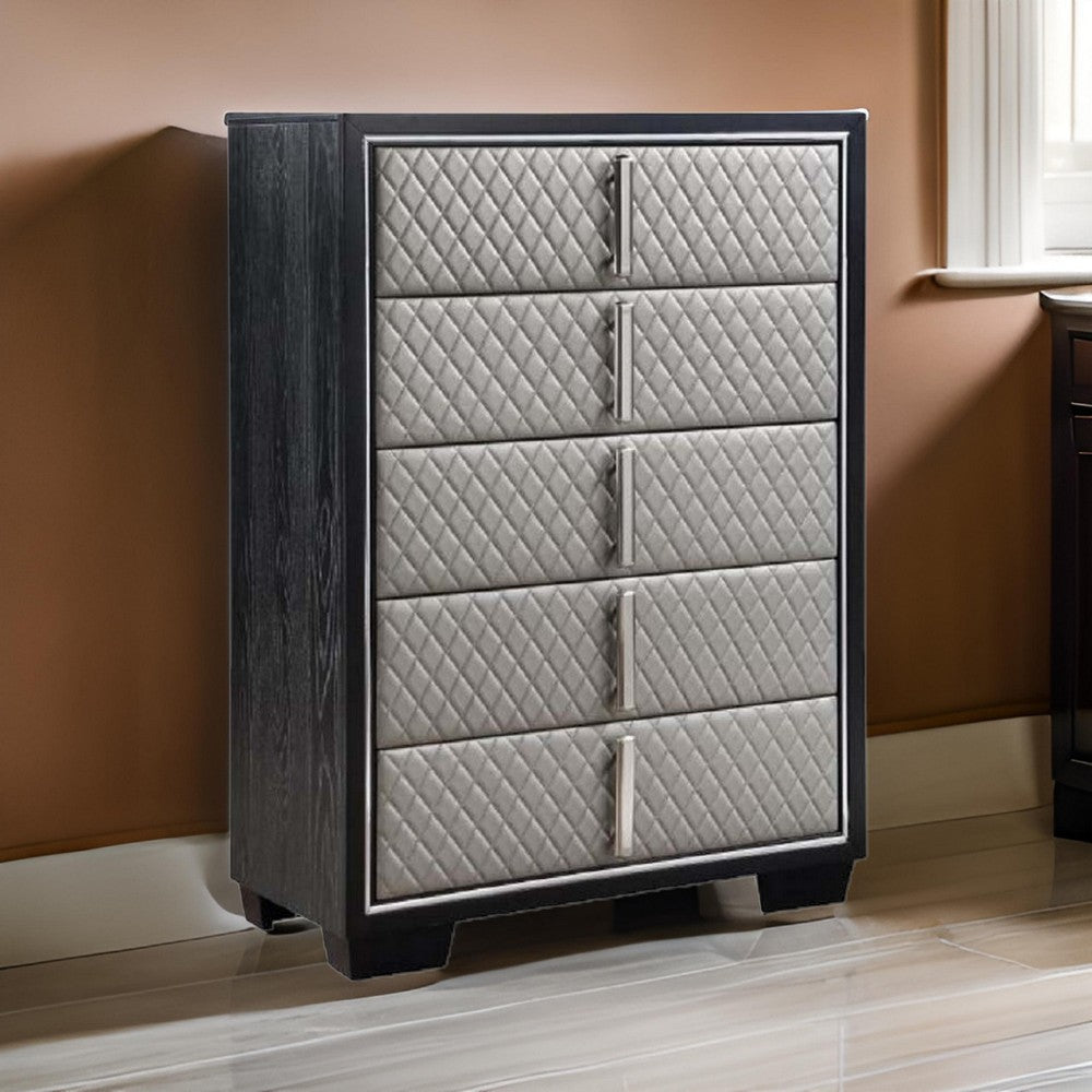 Fiz 54 Inch 5 Drawer Tall Dresser Chest, Quilted Silver Faux Leather, Black