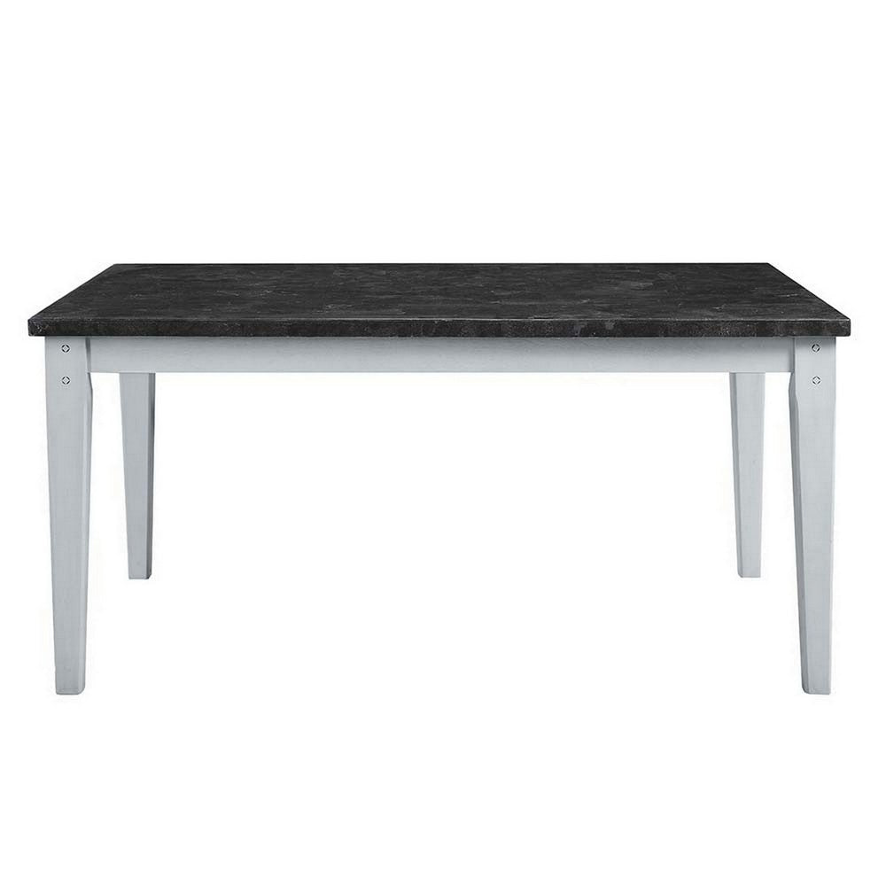 64 Inch Wood Rectangular Dining Table Marbled Surface Tapered Legs White BM296878