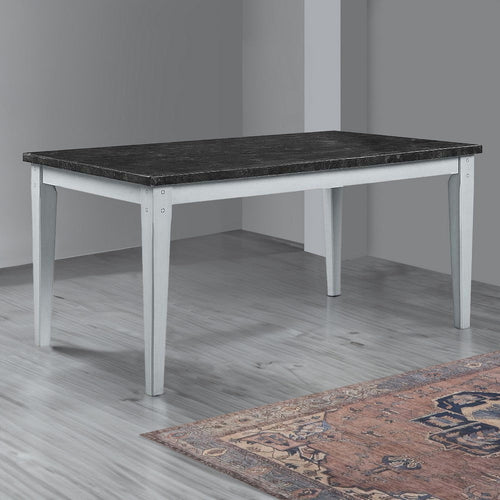 64 Inch Wood Rectangular Dining Table, Marbled Surface, Tapered Legs, White