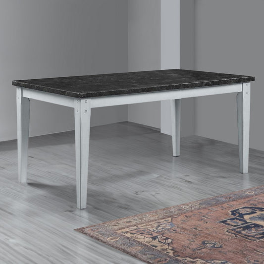 64 Inch Wood Rectangular Dining Table, Marbled Surface, Tapered Legs, White