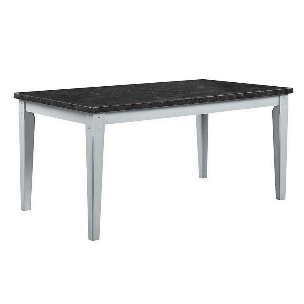 64 Inch Wood Rectangular Dining Table, Marbled Surface, Tapered Legs, White