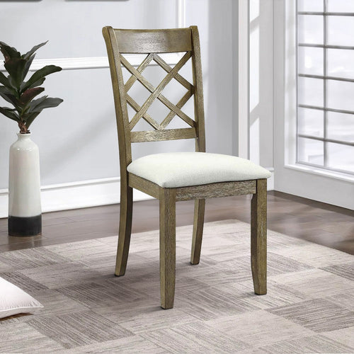 23 Inch Wood Dining Chair, Set of 2, Cross Accent Backrest, Padded, Beige