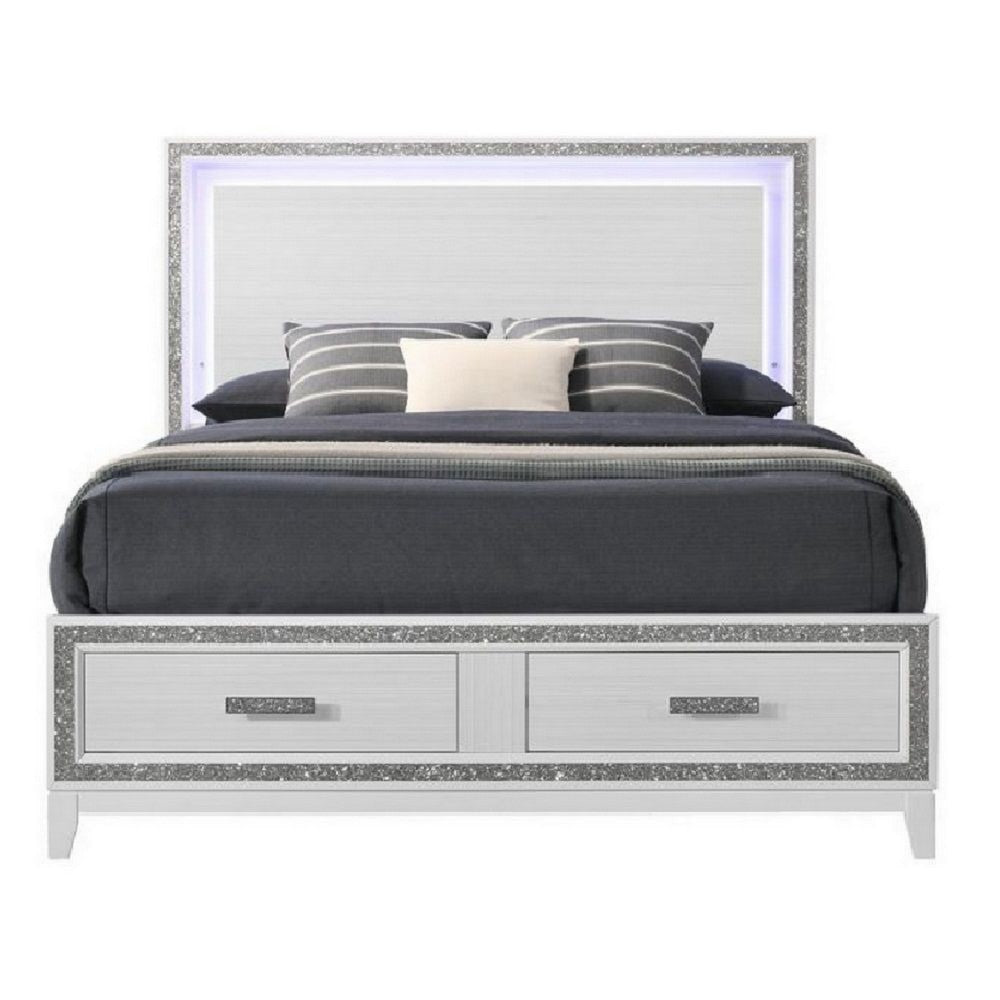 King Size Storage Bed Elegant Silver Glitter Trim LED Lit Headboard White BM296882