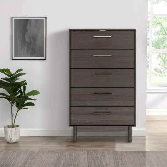 Dien 50 Inch Modern 5 Drawer Tall Dresser Chest, Gray, Gold Metal Handles By Casagear Home