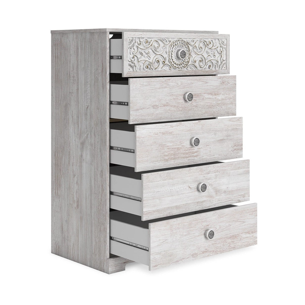 46 Inch 5 Drawer Modern Tall Dresser Chest Whitewashed Carved Design Wood By Casagear Home BM296907