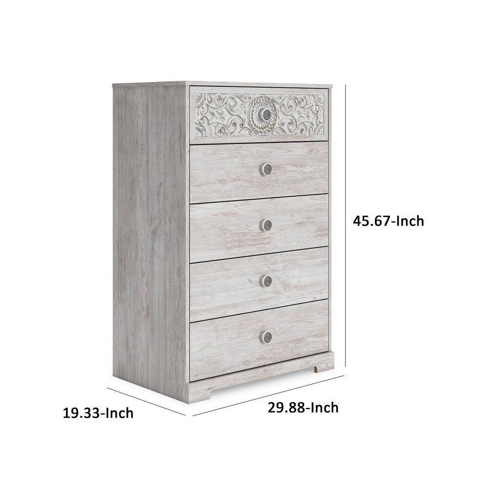 46 Inch 5 Drawer Modern Tall Dresser Chest Whitewashed Carved Design Wood By Casagear Home BM296907