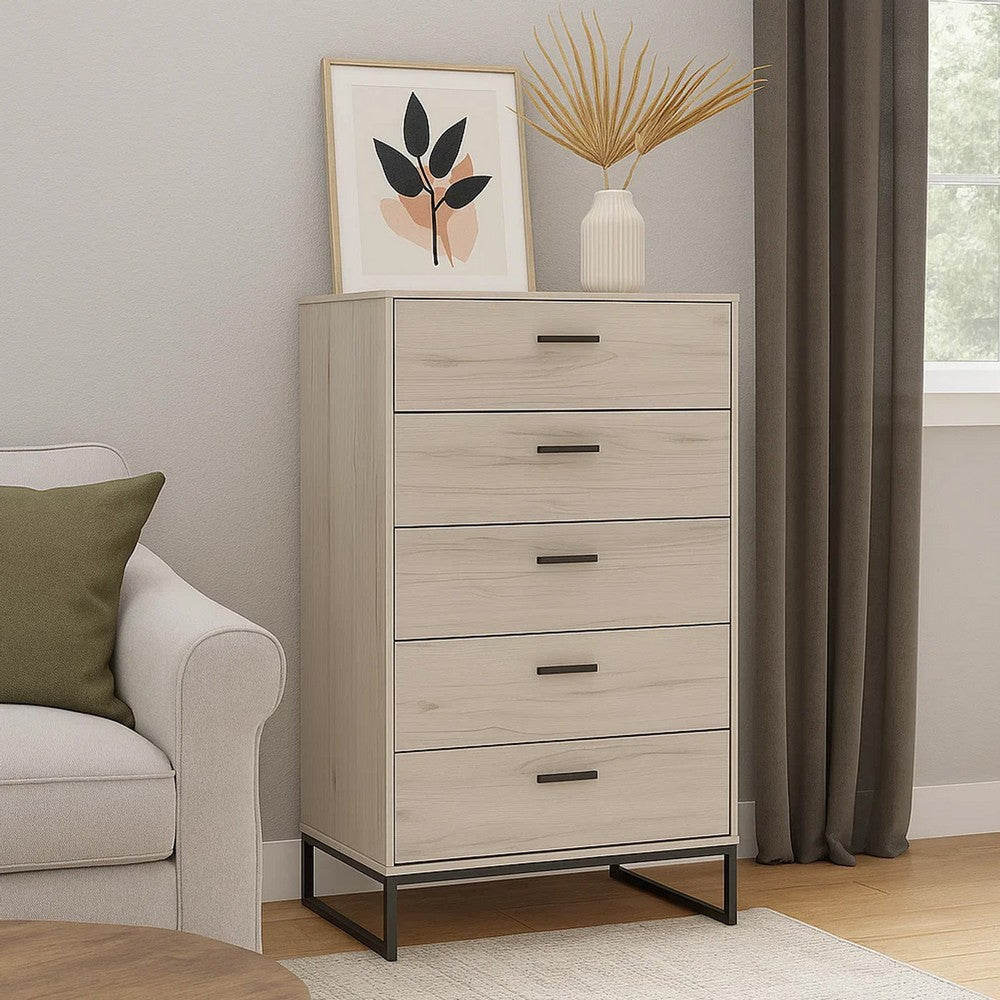 Zed Dresser Chest | 51" | 5 Drawers | Beige Wood | Black Base