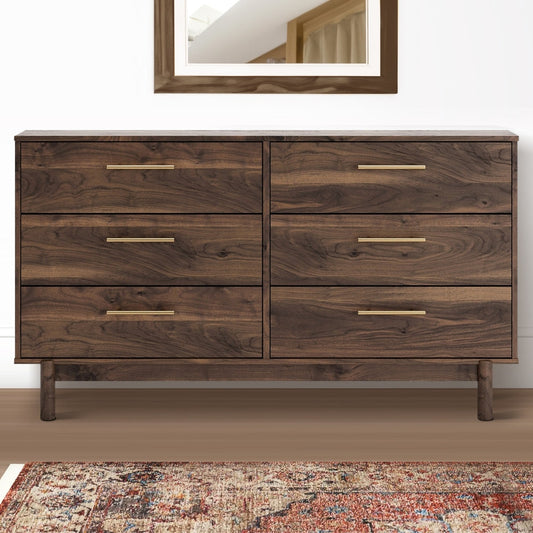 Kip 59 Inch Modern Dresser, Brown Wood Frame, 6 Drawers, Gold Metal Handles By Casagear Home