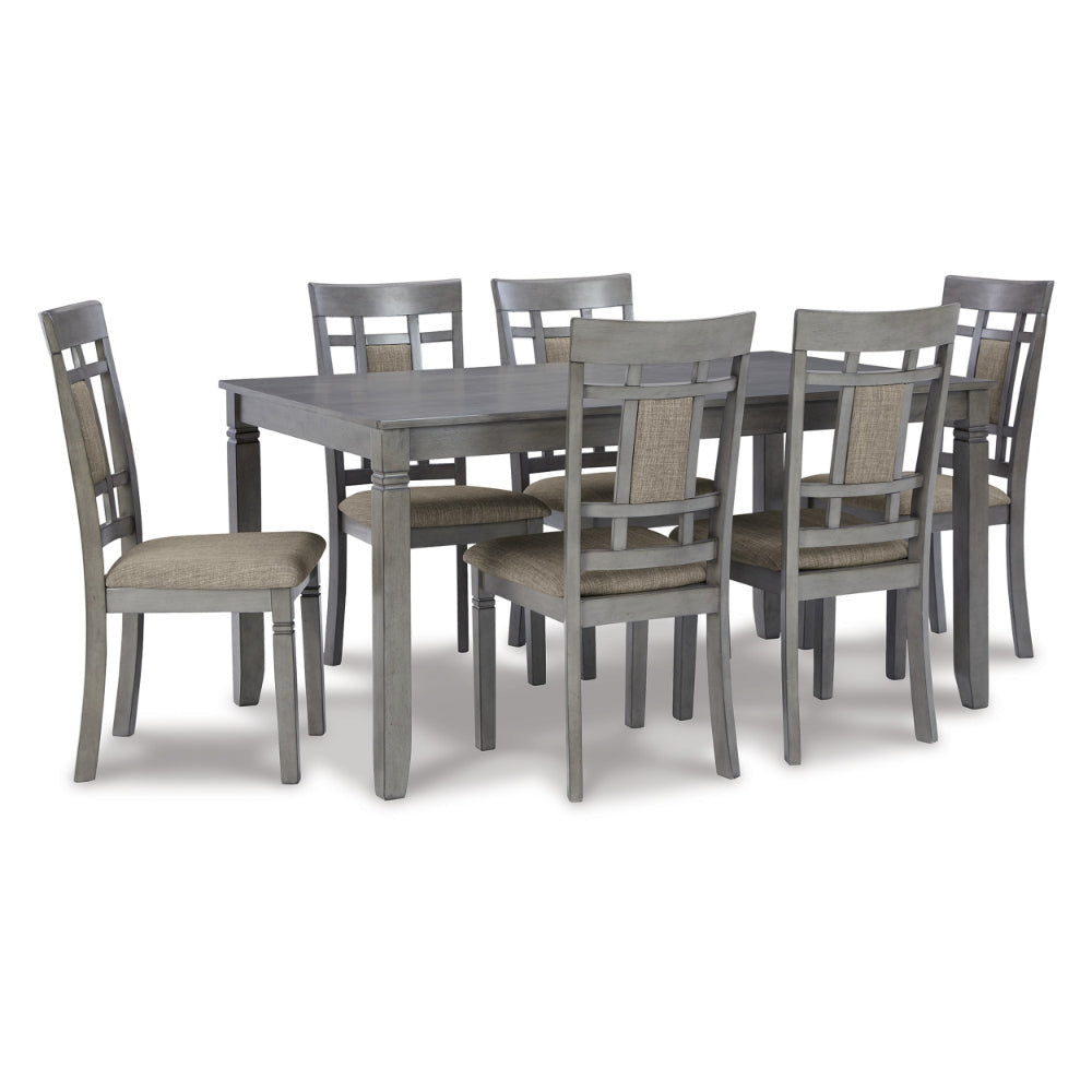 7 Piece Dining Table Set, Lattice Back Chairs, Light Gray Wood, Polyester By Casagear Home