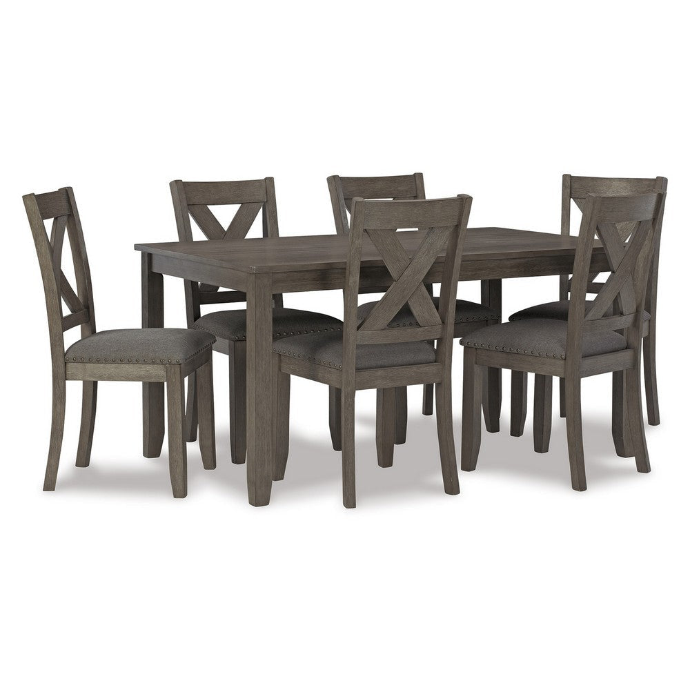 Gray wood dining set with six lattice back chairs and a rectangular table