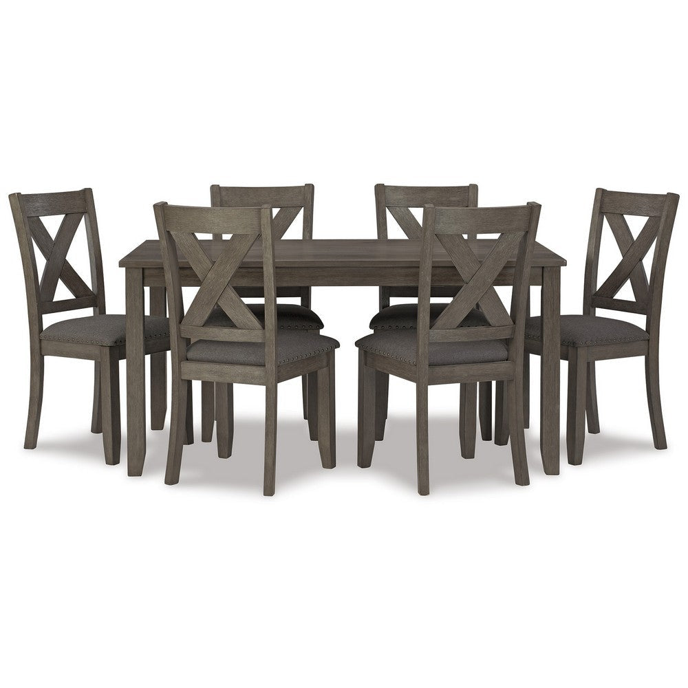 Gray wood dining set with six lattice back chairs and a rectangular table