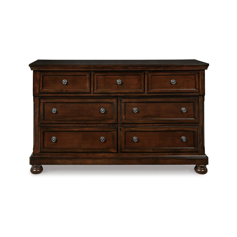 Ashley Fray 66 Inch Traditional Dresser Rustic Brown Wood 7 Drawers Bun Feet BM297018