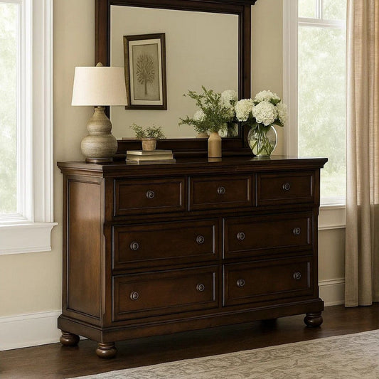 Ashley Fray 66 Inch Traditional Dresser, Rustic Brown Wood, 7 Drawers, Bun Feet