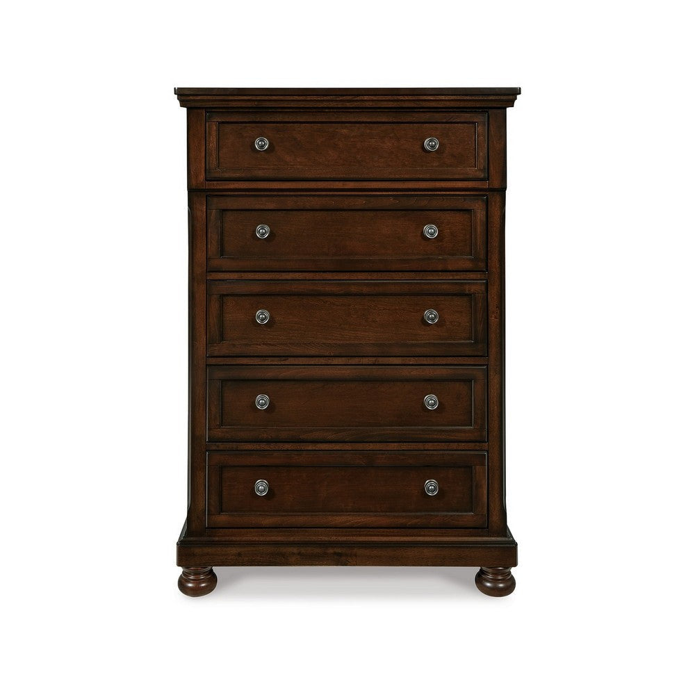 Ashley Fray 58 Inch 5 Drawer Classic Tall Dresser Chest Brown Wood Bun Feet BM297030