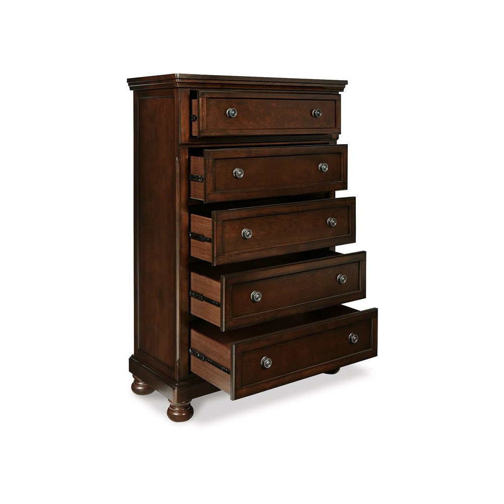 Ashley Fray 58 Inch 5 Drawer Classic Tall Dresser Chest Brown Wood Bun Feet BM297030