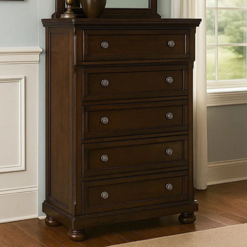 Ashley Fray 58 Inch 5 Drawer Classic Tall Dresser Chest, Brown Wood, Bun Feet