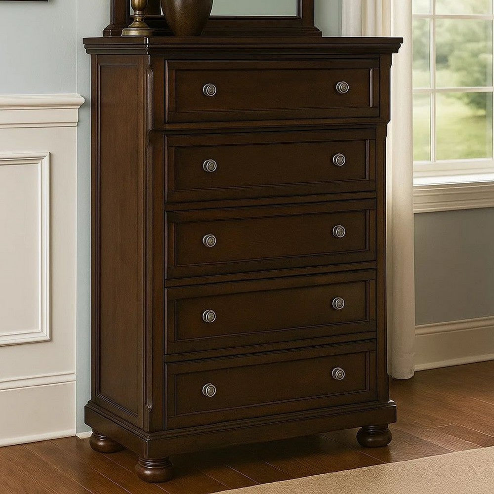Ashley Fray 58 Inch 5 Drawer Classic Tall Dresser Chest, Brown Wood, Bun Feet