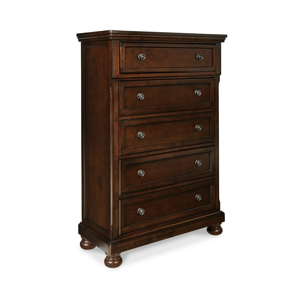 Ashley Fray 58 Inch 5 Drawer Classic Tall Dresser Chest, Brown Wood, Bun Feet