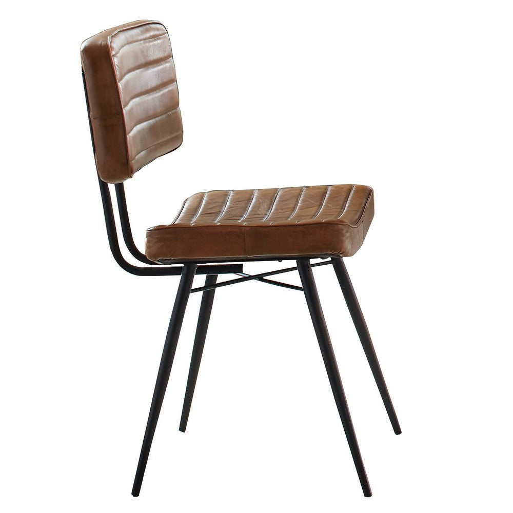 Mia 18 Inch Side Chair, Set of 2, Dyed Brown Leather, Vertical Tufting