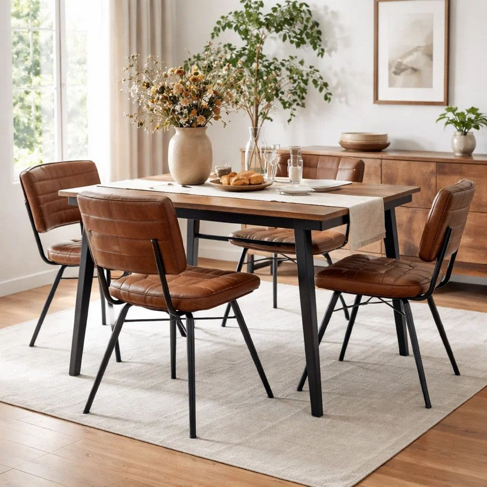 Mia 18 Inch Side Chair, Set of 2, Dyed Brown Leather, Vertical Tufting