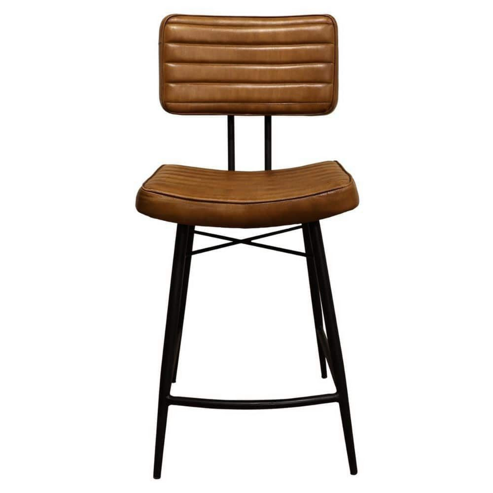 Mia 24 Inch Counter Stool Set of 2 Hand Dyed Brown Leather Deep Tufting BM297149